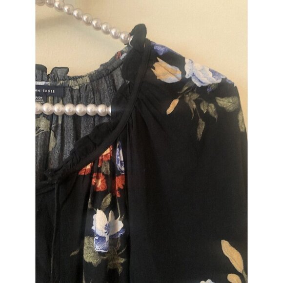 American Eagle Outfitters Size S Black Floral Tunic Top Boho Ruffles Long Sleeve - Picture 3 of 7